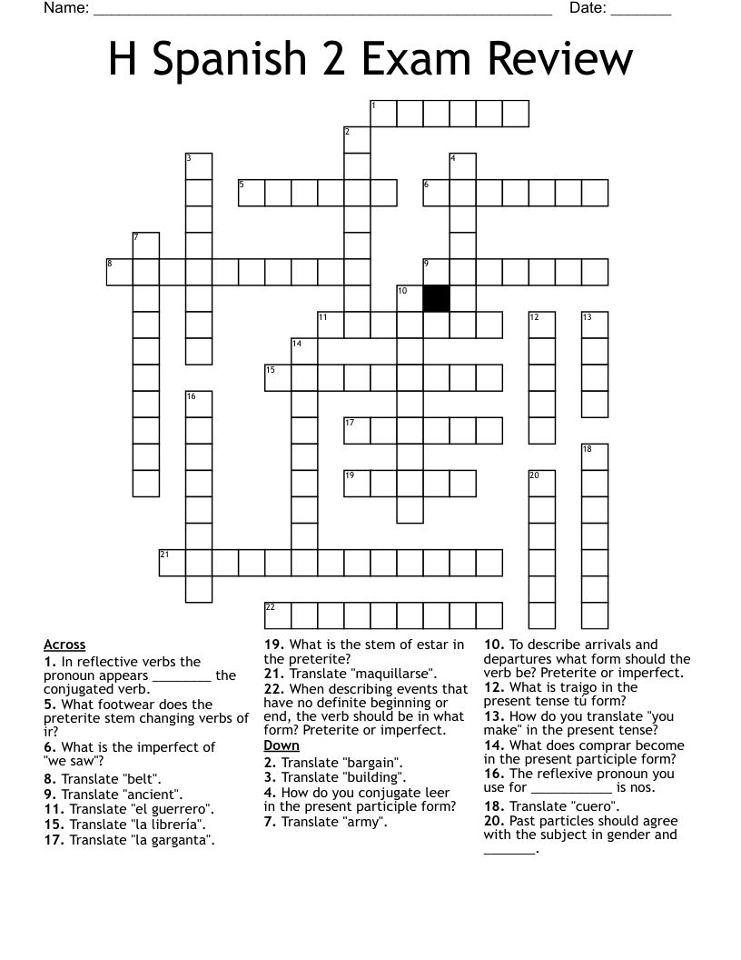 H Spanish 2 Exam Review  Crossword