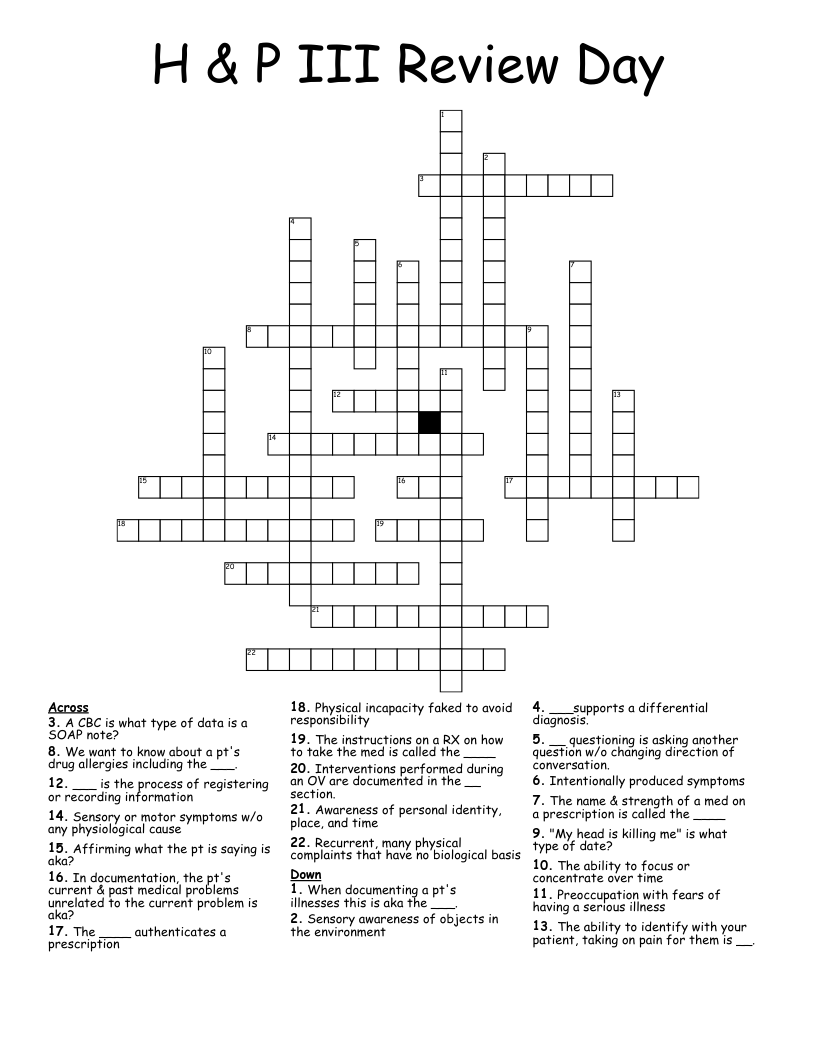 H & P III Review Day Crossword