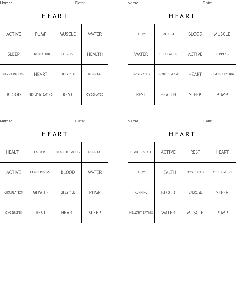 H     E   A   R   T Bingo Cards