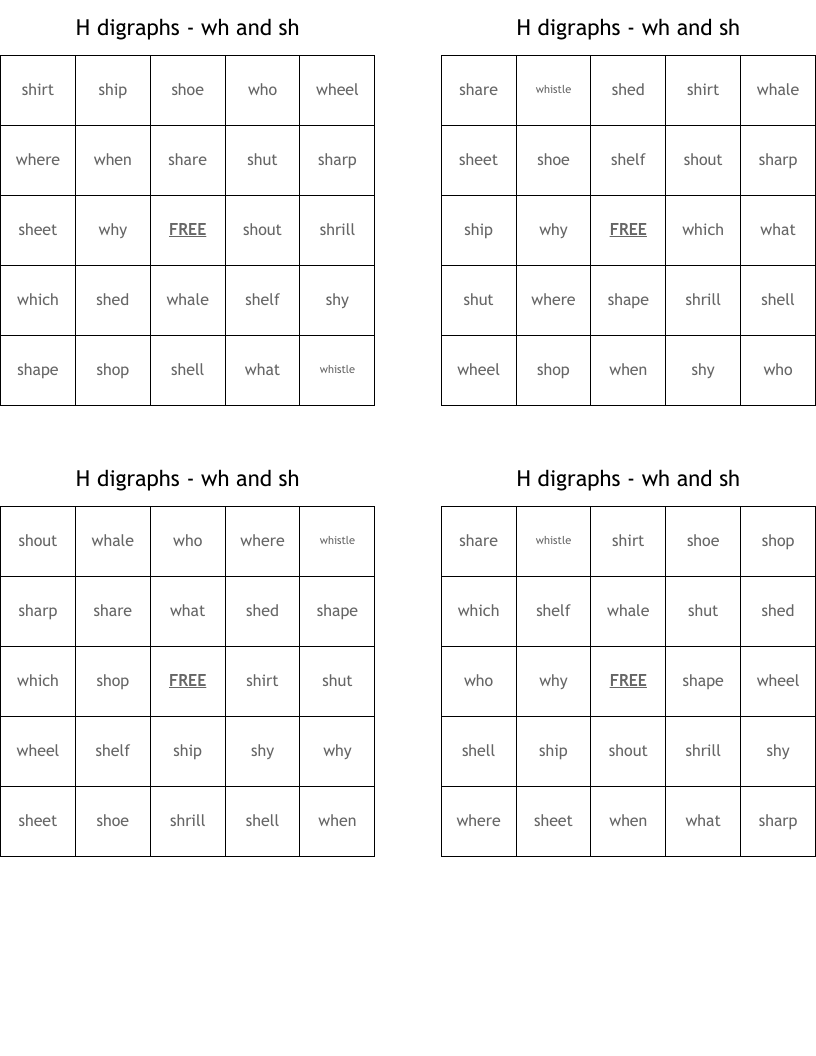 H digraphs - wh and sh Bingo Cards