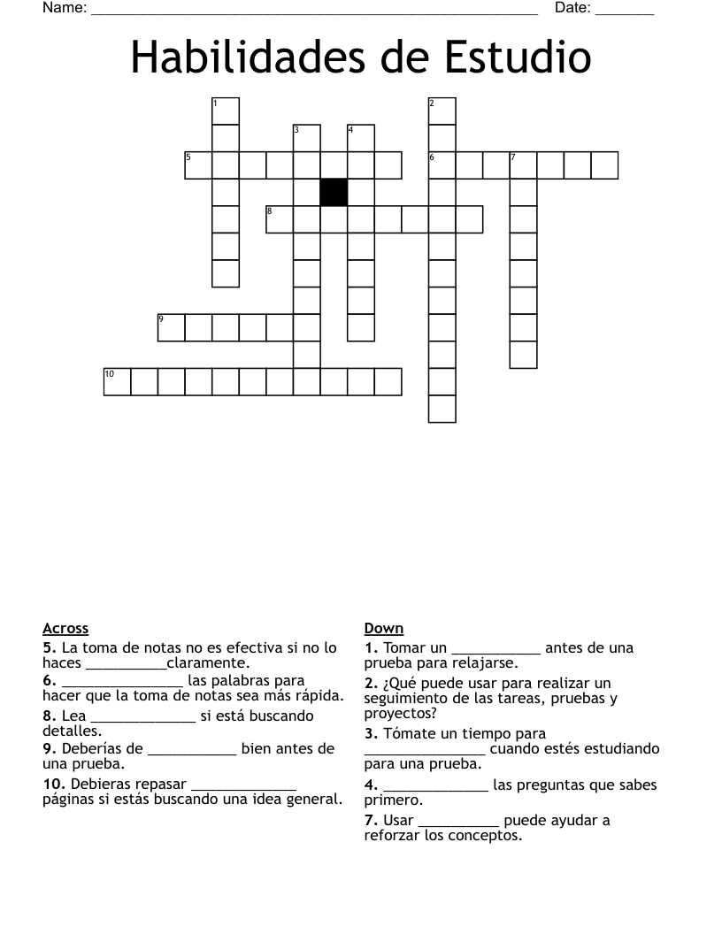 Habilidades de Estudio Crossword