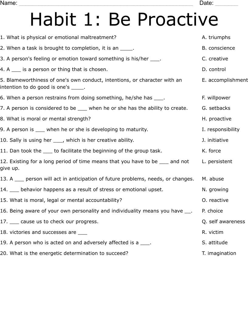 Habit 1: Be Proactive Worksheet