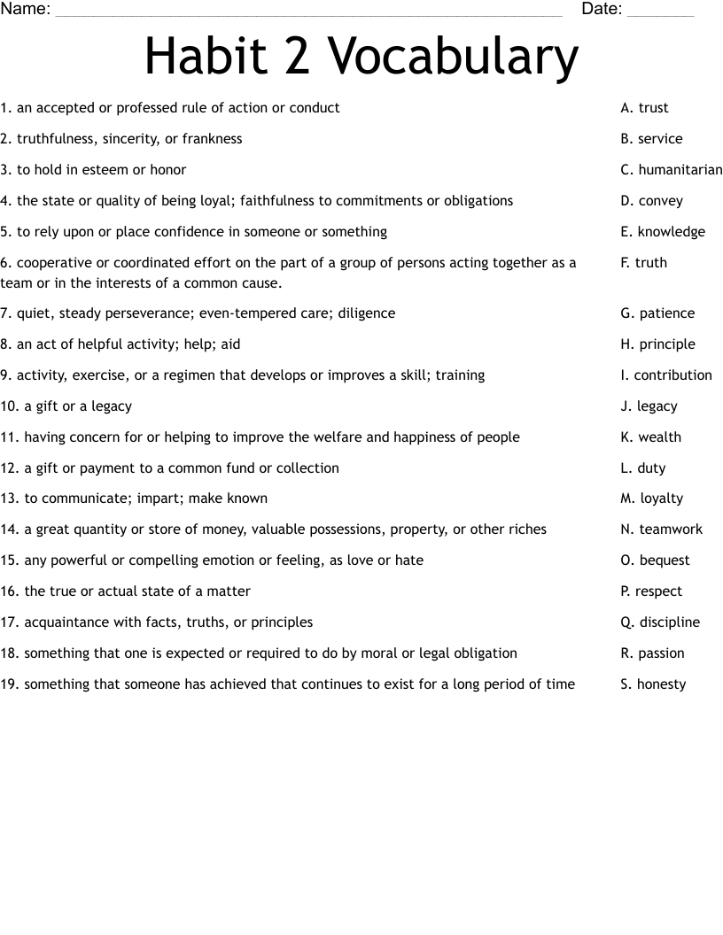 Habit 2 Vocabulary Worksheet