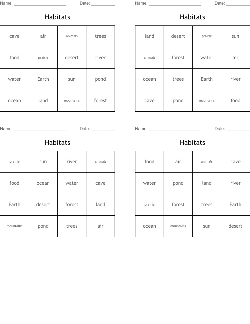 Habitats Bingo Cards