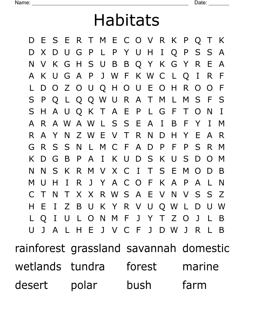 Habitats Word Search