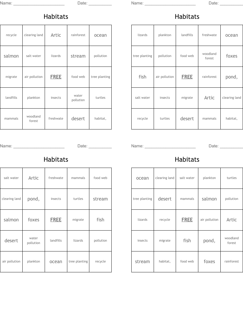 Habitats Bingo Cards