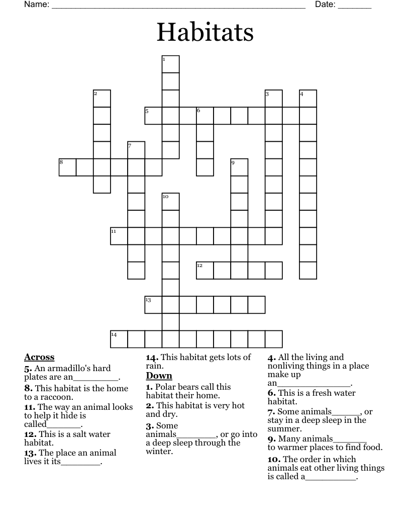 Habitats  Crossword