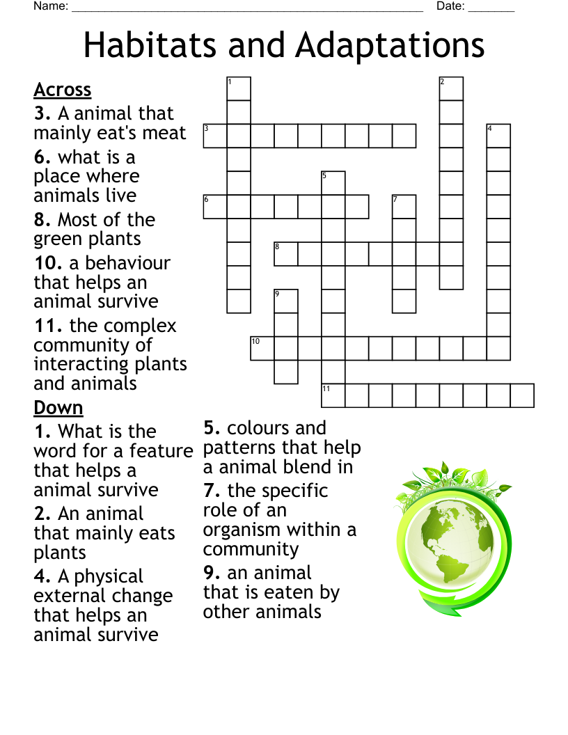 Habitats and Adaptations Crossword