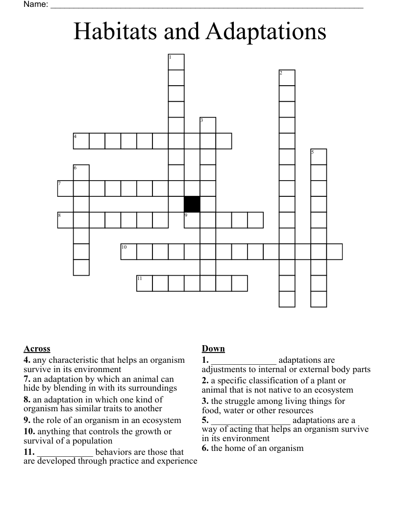 Habitats and Adaptations Crossword