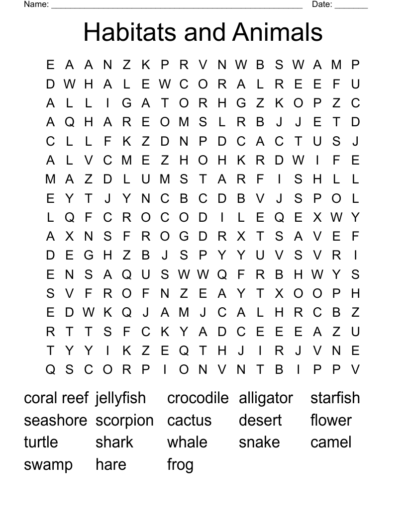 Habitats and Animals Word Search
