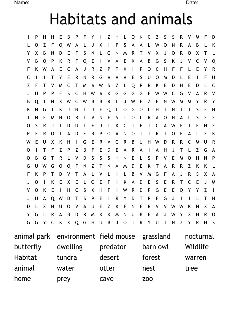 Habitats and animals Word Search