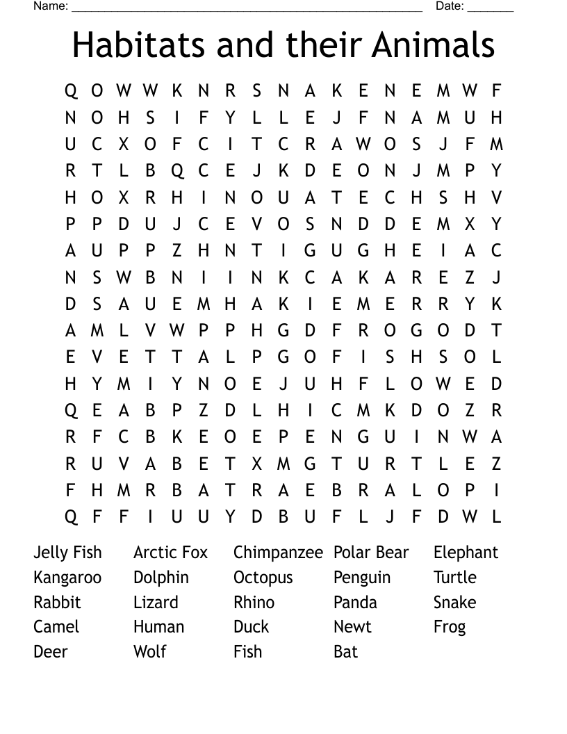 Habitats and their Animals Word Search