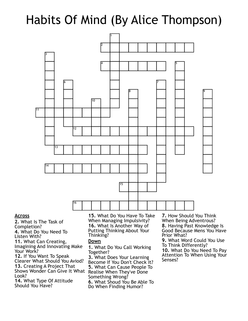 Habits Of Mind (By Alice Thompson) Crossword
