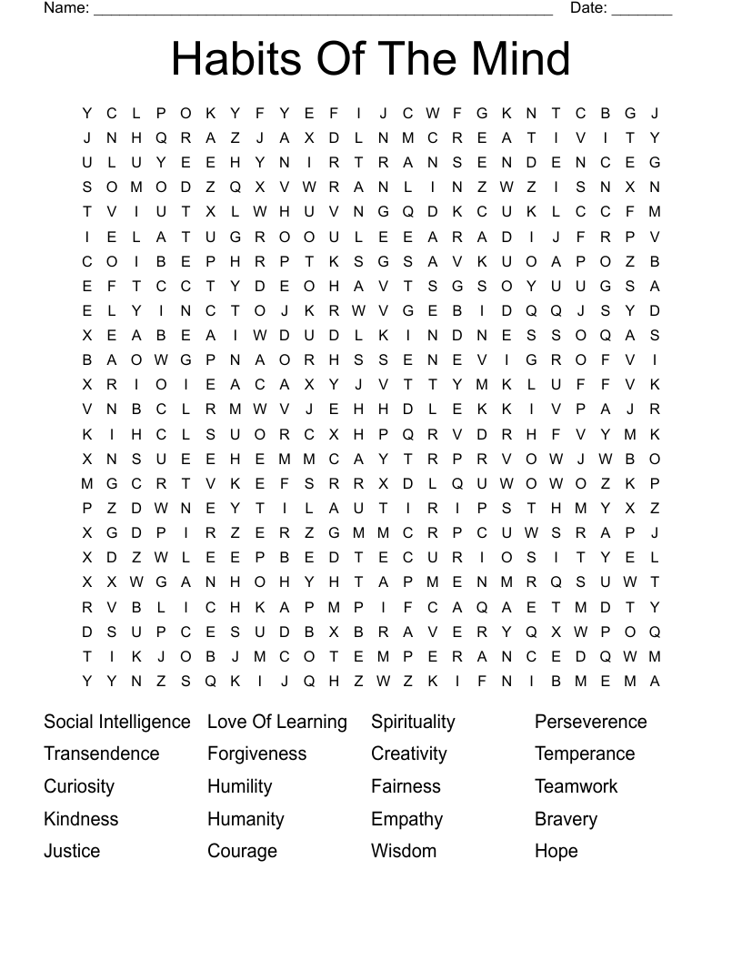 Habits Of The Mind Word Search