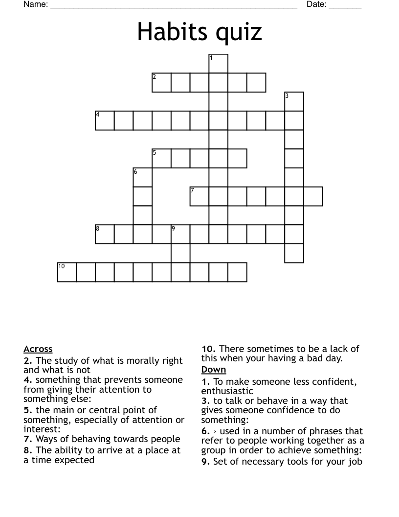 Habits quiz Crossword