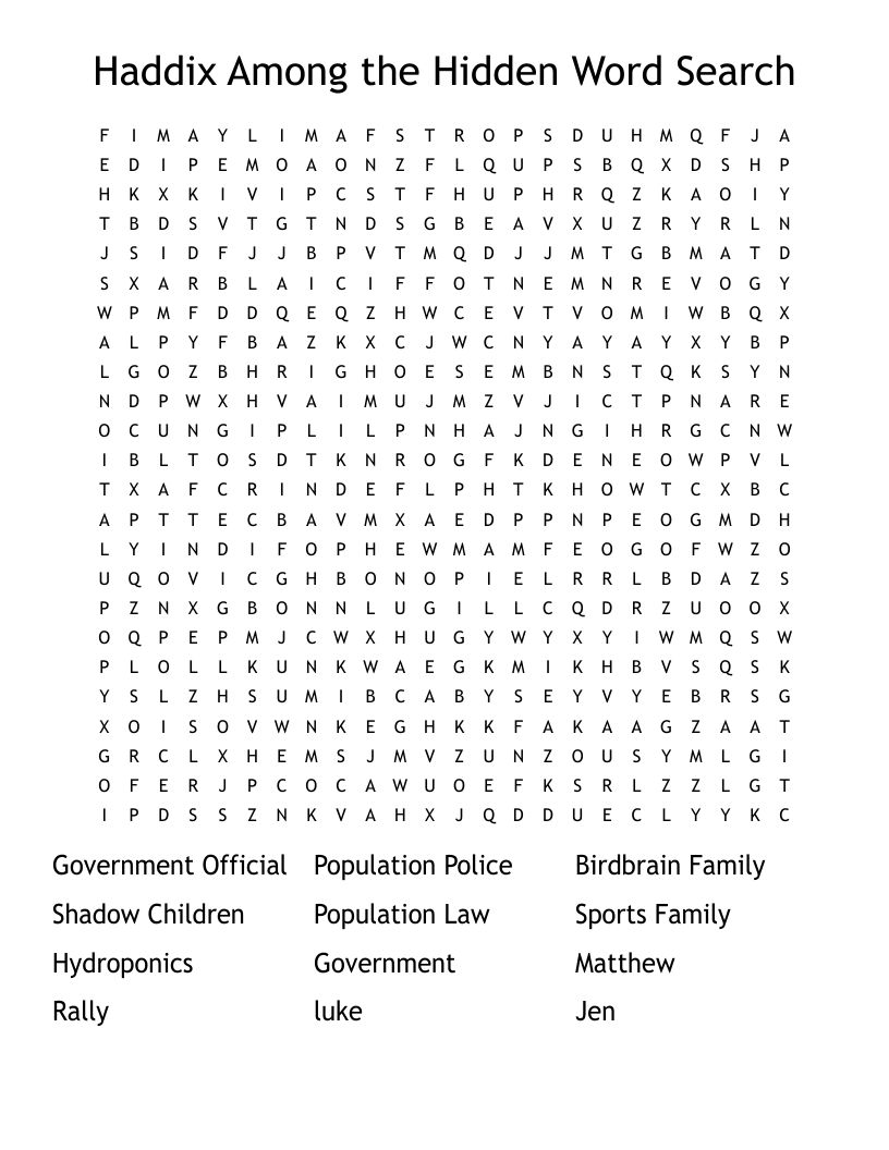 Haddix Among the Hidden Word Search