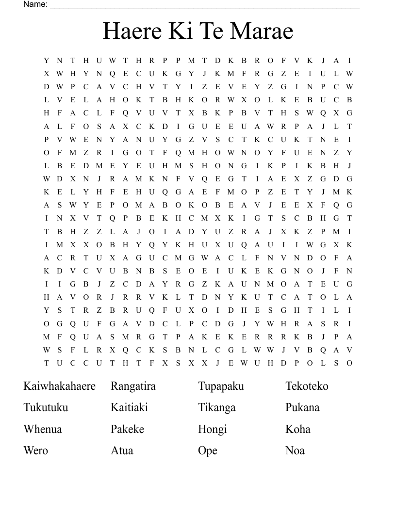 Haere Ki Te Marae Word Search