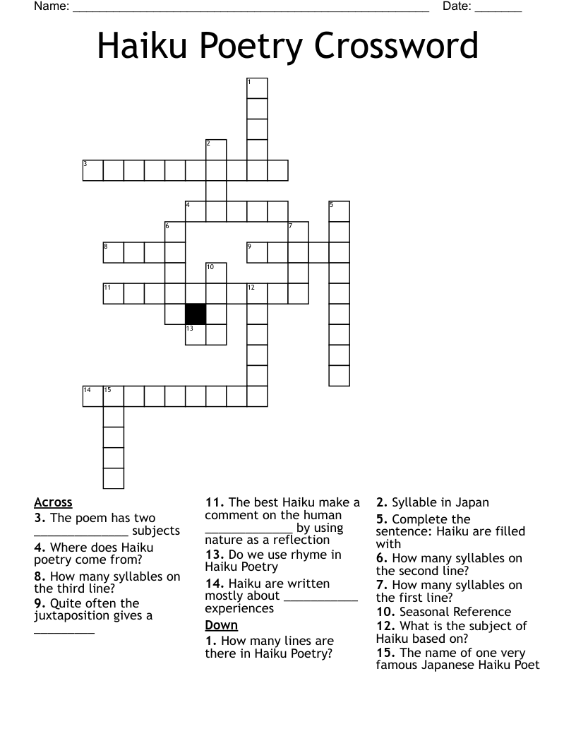 Haiku Poetry Crossword