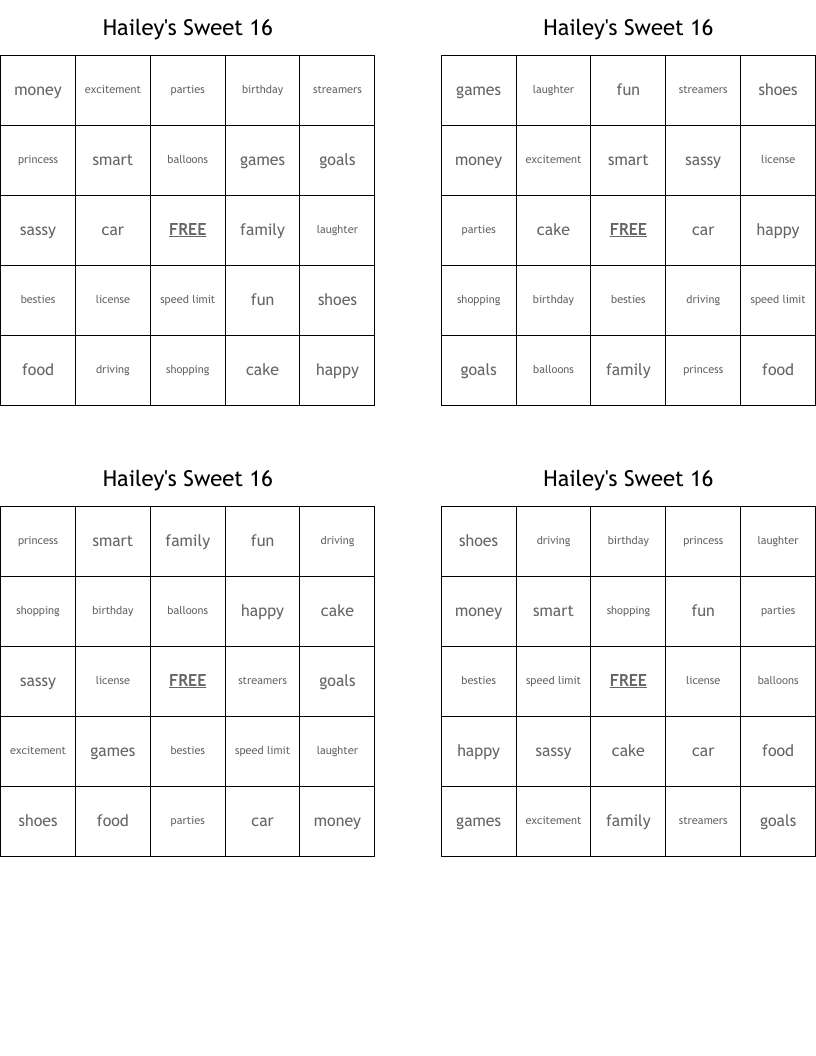 Hailey's Sweet 16 Bingo Cards