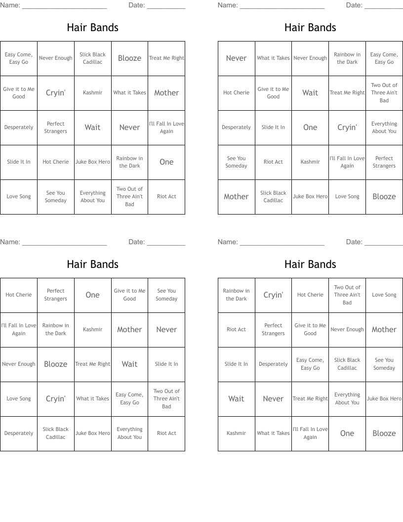 Hair Bands Bingo Cards
