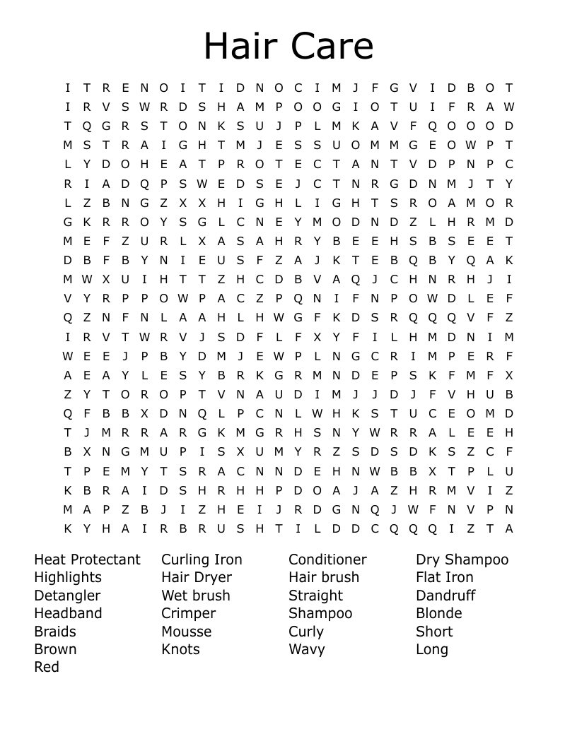 Hair Care Word Search