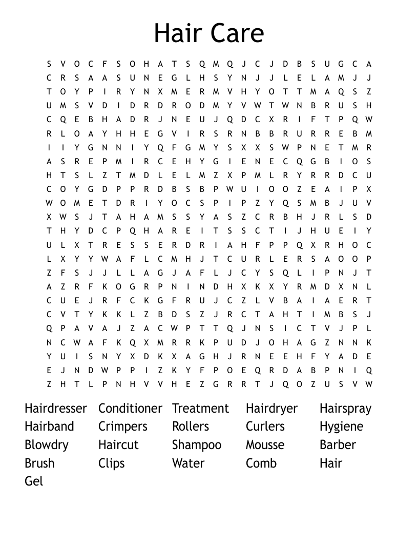 Hair Care Word Search