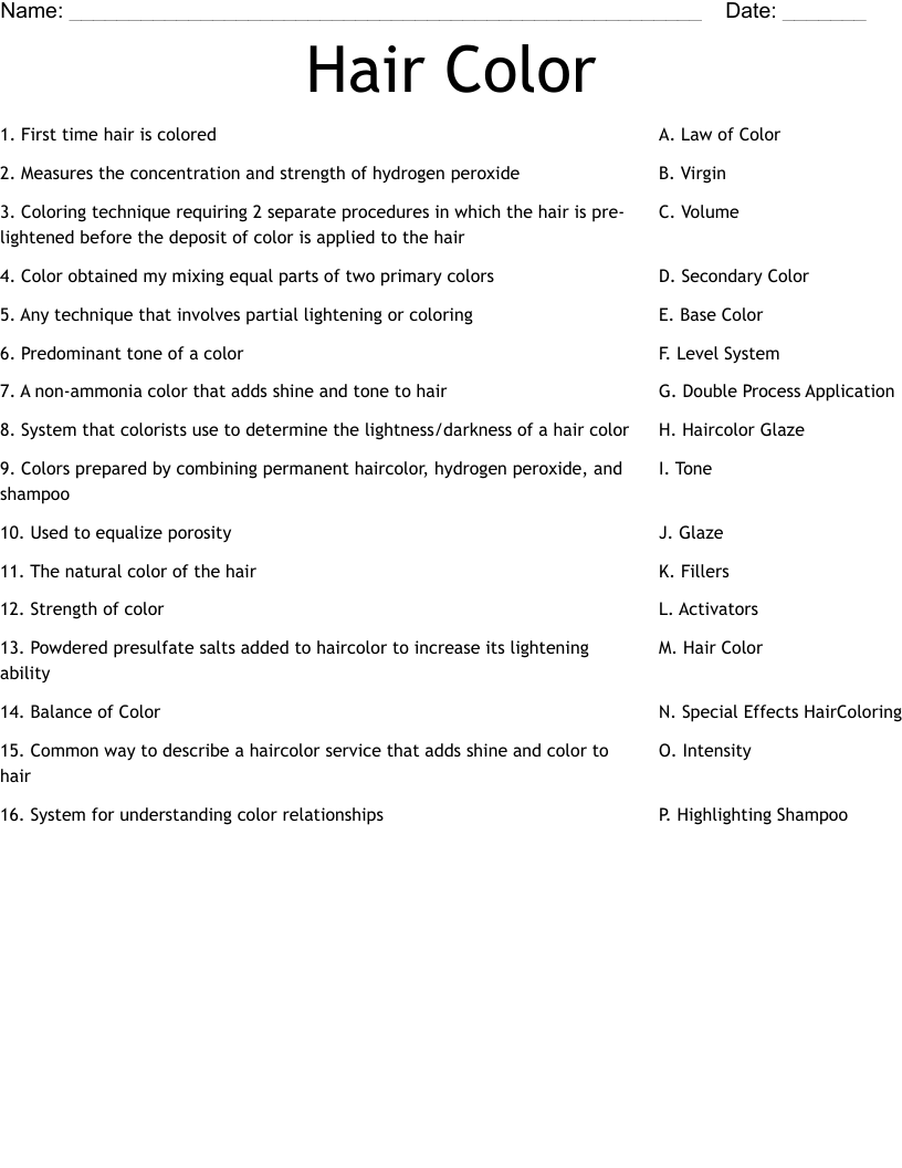 Hair Color Worksheet