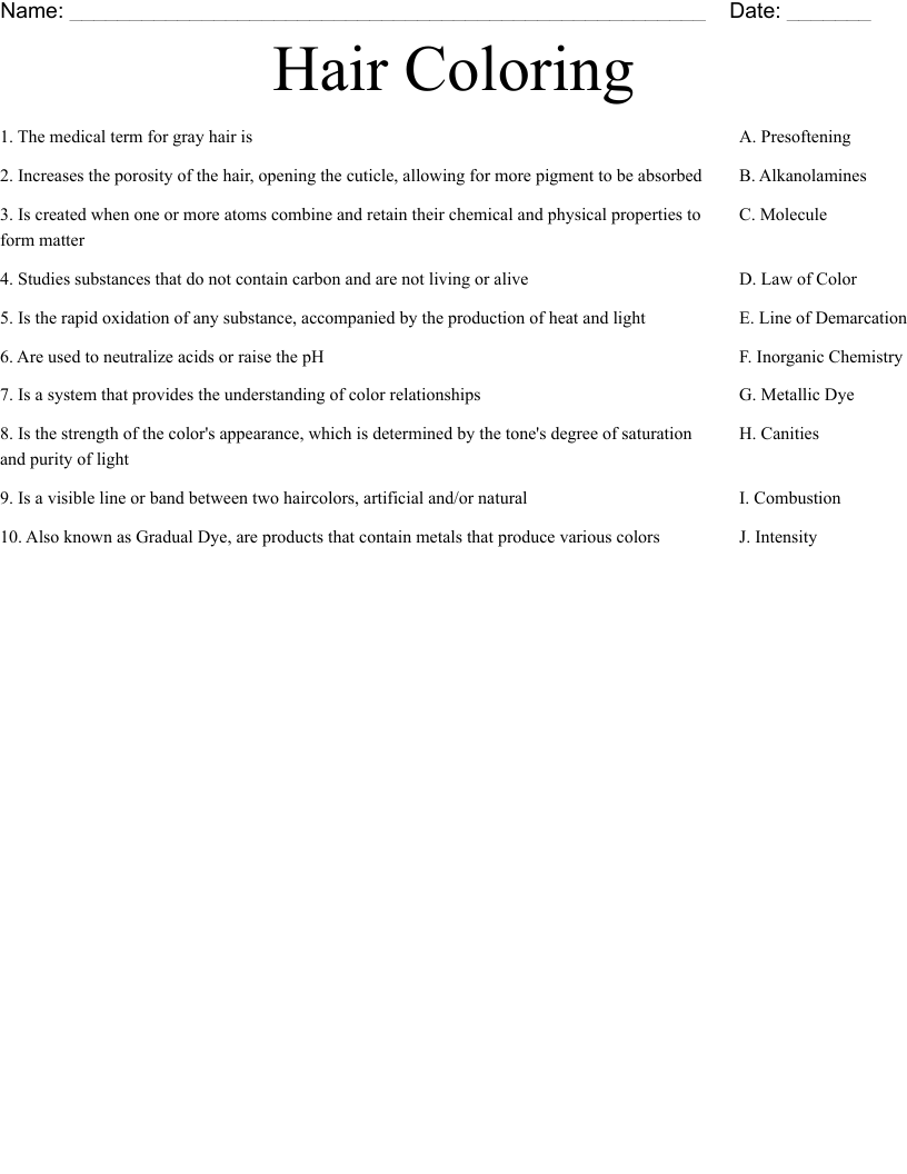 Hair Coloring Worksheet