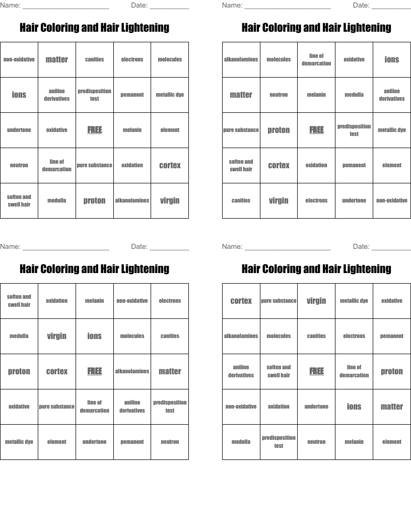 Hair Coloring and Hair Lightening Bingo Cards