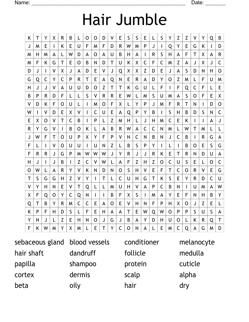 Hair Jumble Word Search