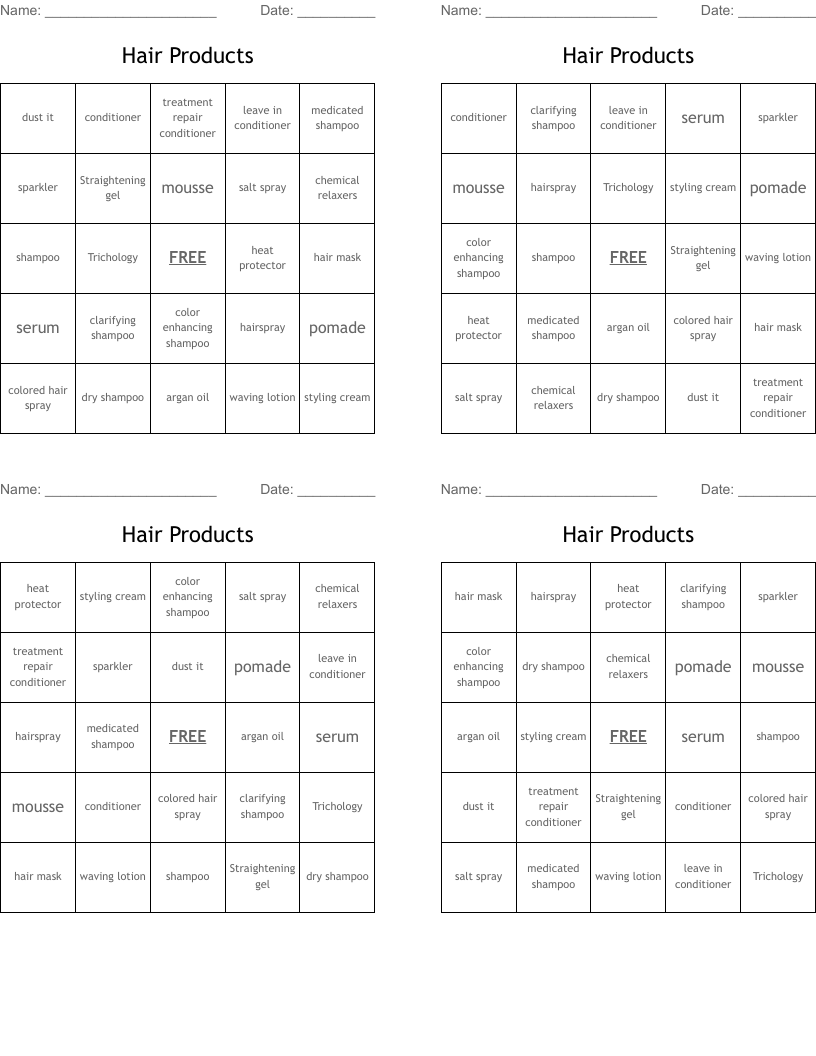 Hair Products Bingo Cards