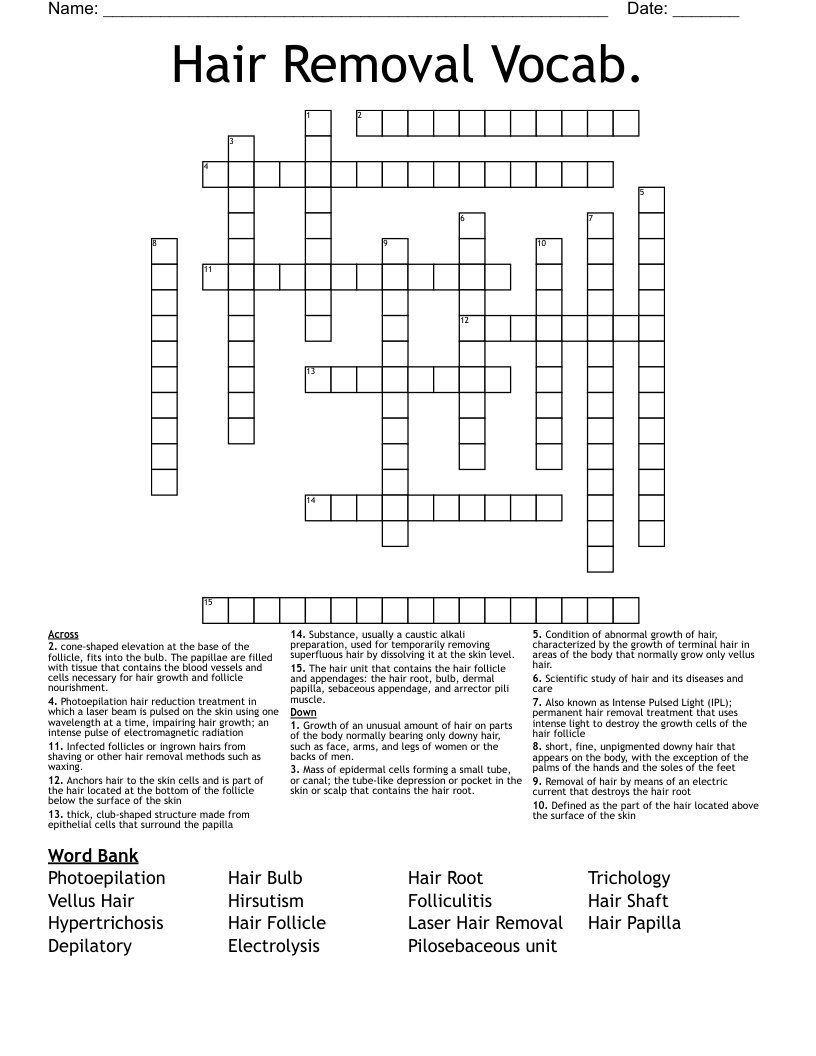 Hair Removal Vocab. Crossword