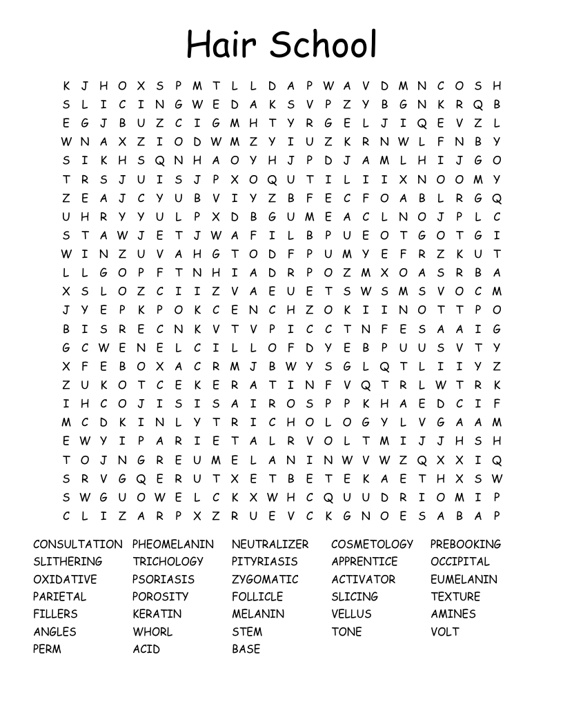 Hair School Word Search
