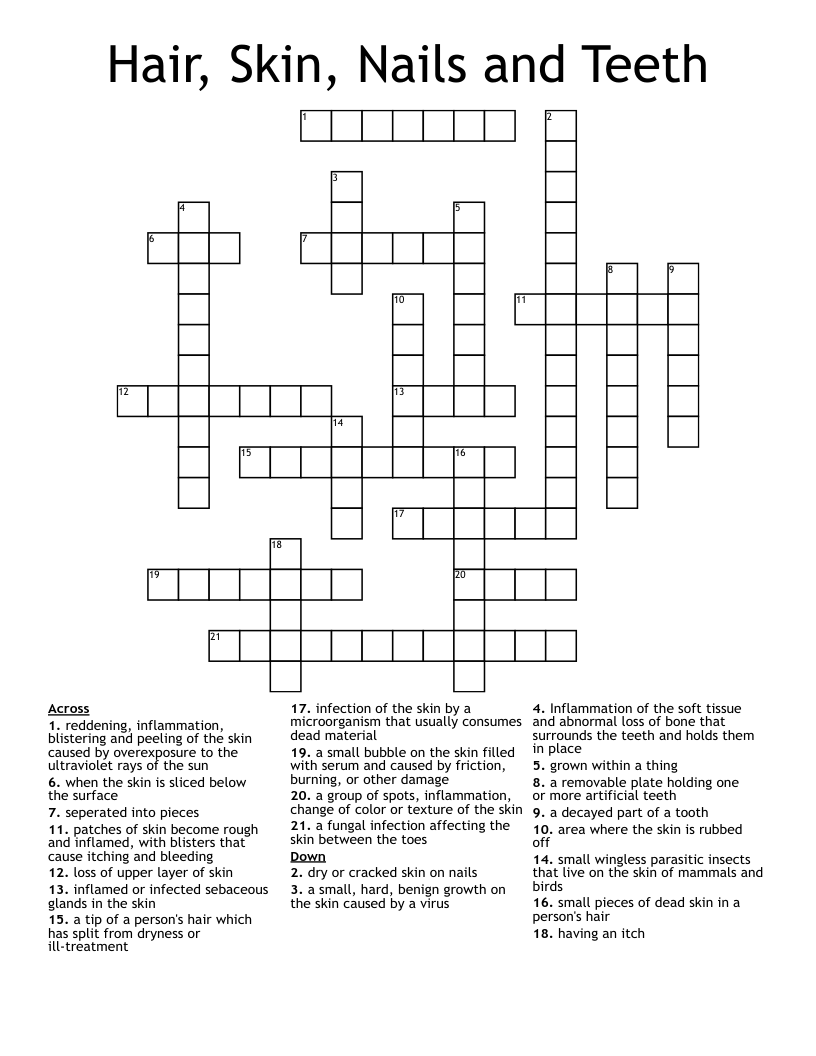 Hair, Skin, Nails and Teeth Crossword