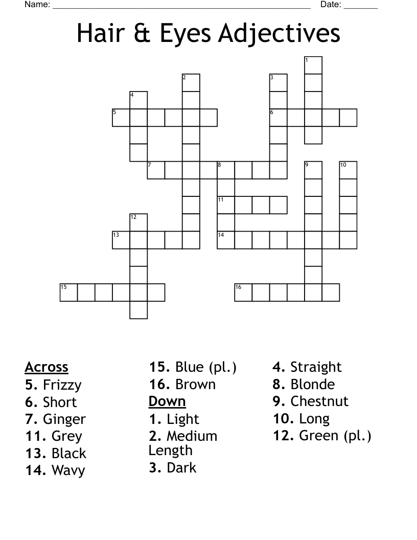 Hair & Eyes Adjectives Crossword