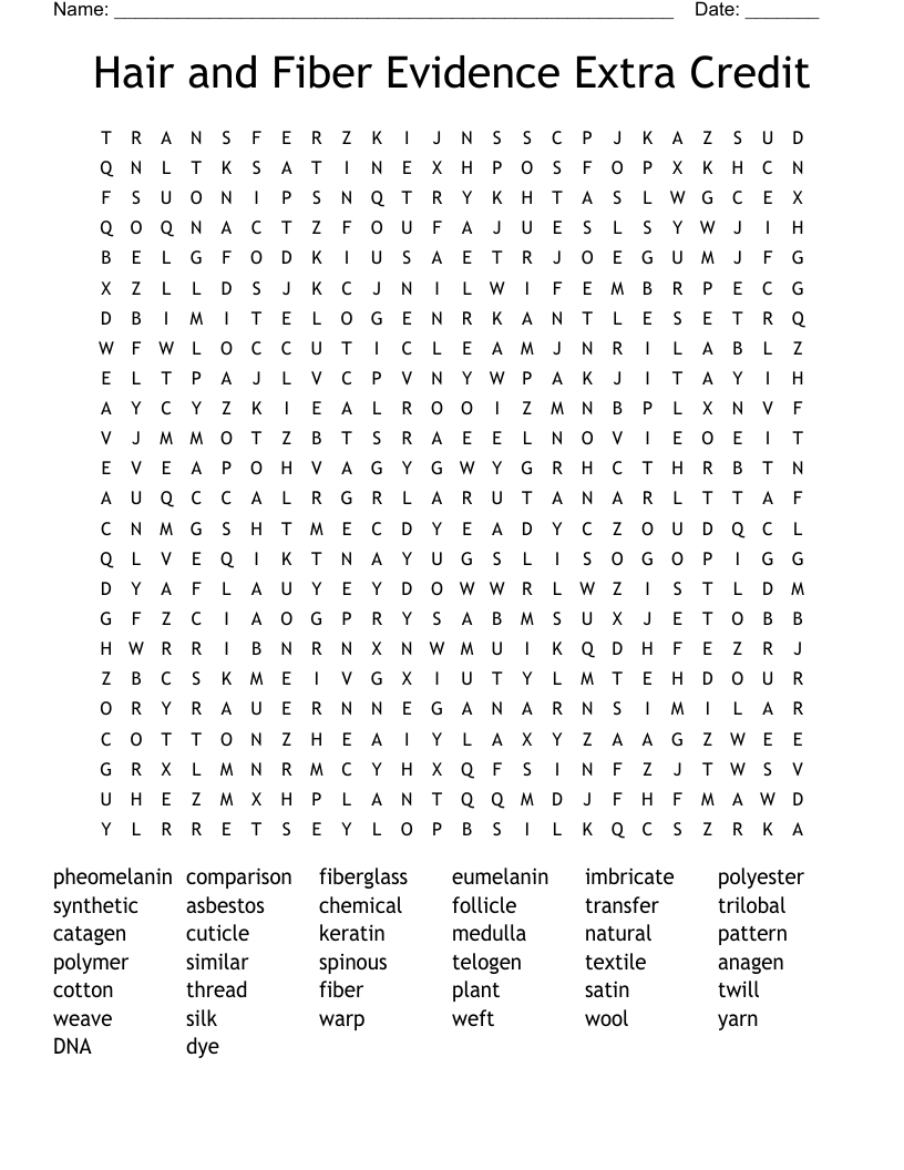 Hair and Fiber Evidence Extra Credit Word Search