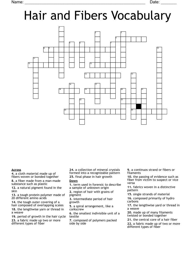 Hair and Fibers Vocabulary Crossword