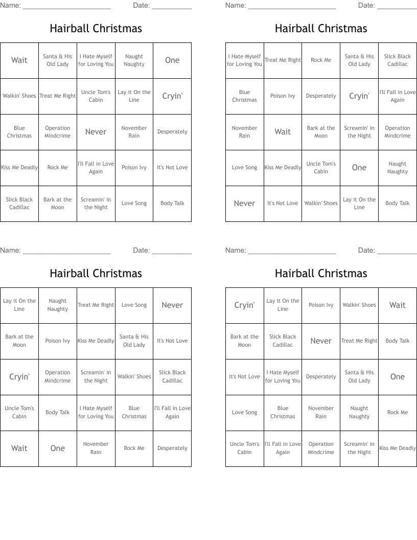 Hairball Christmas Bingo Cards