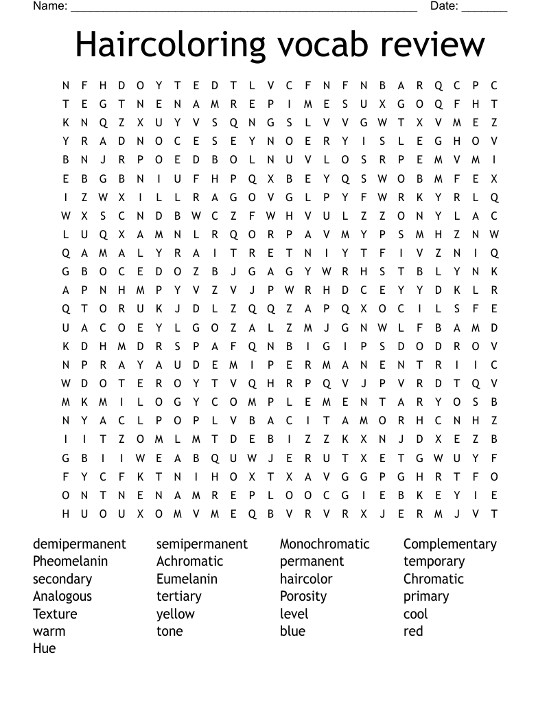Haircoloring vocab review Word Search