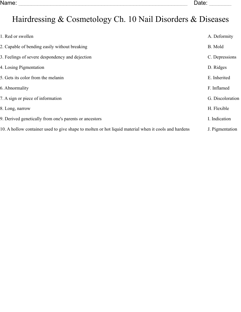 Hairdressing & Cosmetology Ch. 10 Nail Disorders & Diseases Worksheet