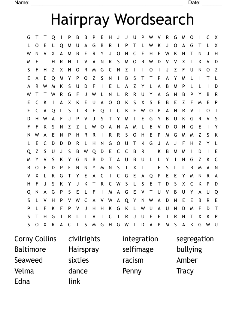 Hairpray Wordsearch