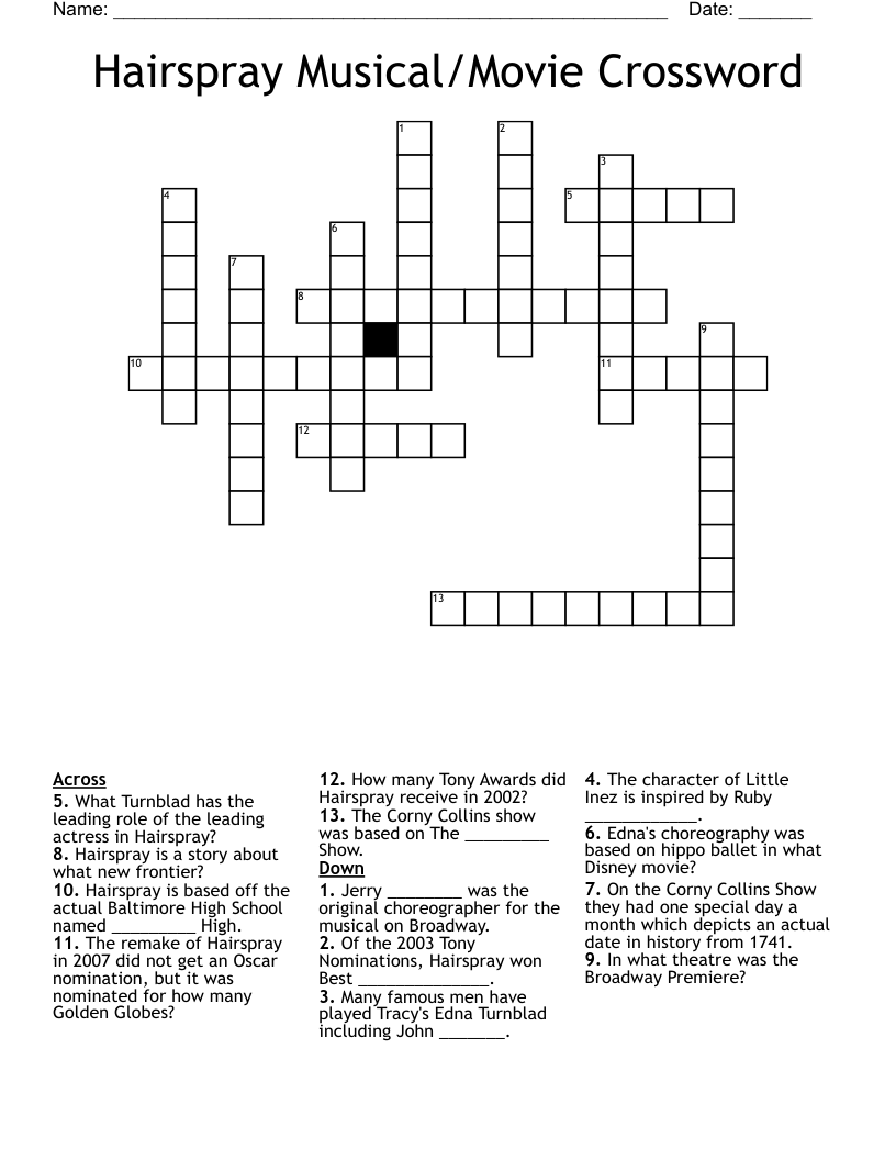 Hairspray Musical/Movie Crossword