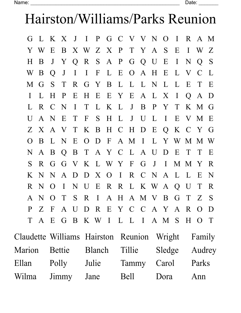 Hairston/Williams/Parks Reunion Word Search