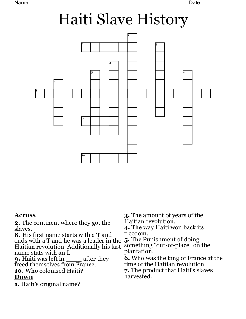 Haiti Slave History Crossword
