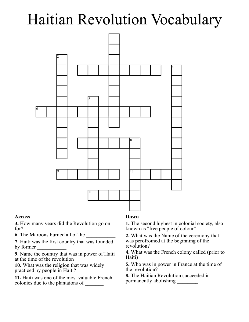 Haitian Revolution Vocabulary Crossword
