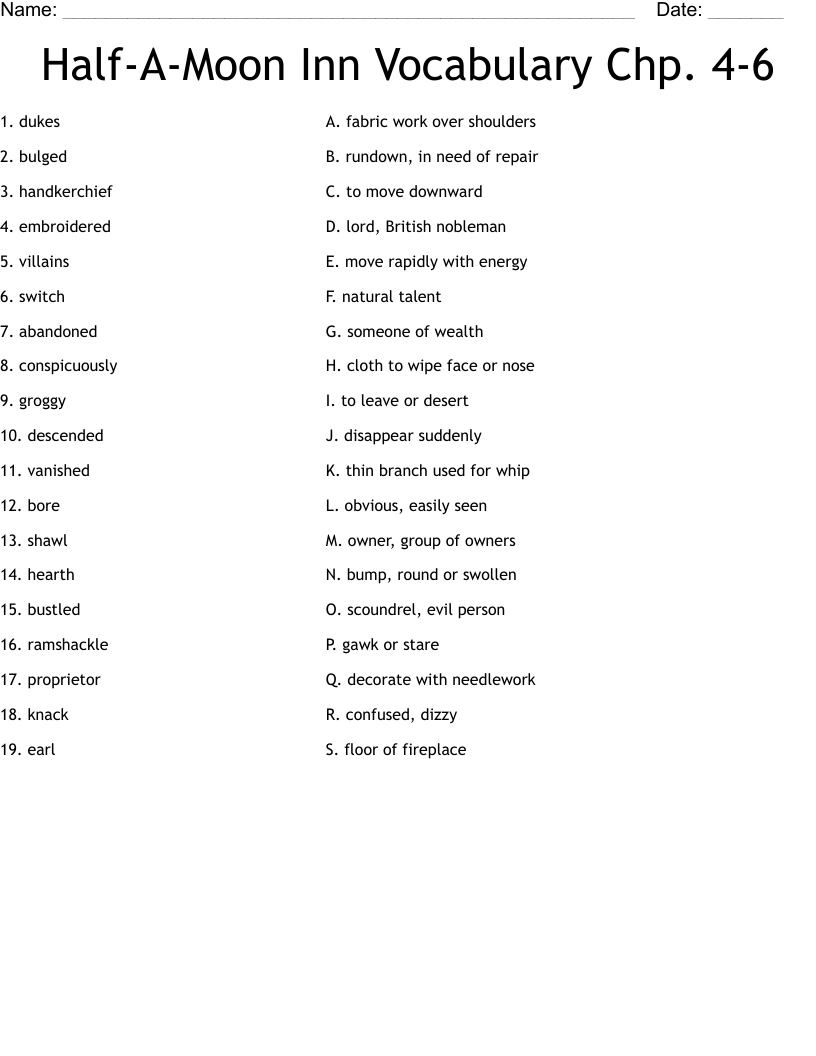 Half-A-Moon Inn Vocabulary Chp. 4-6 Worksheet