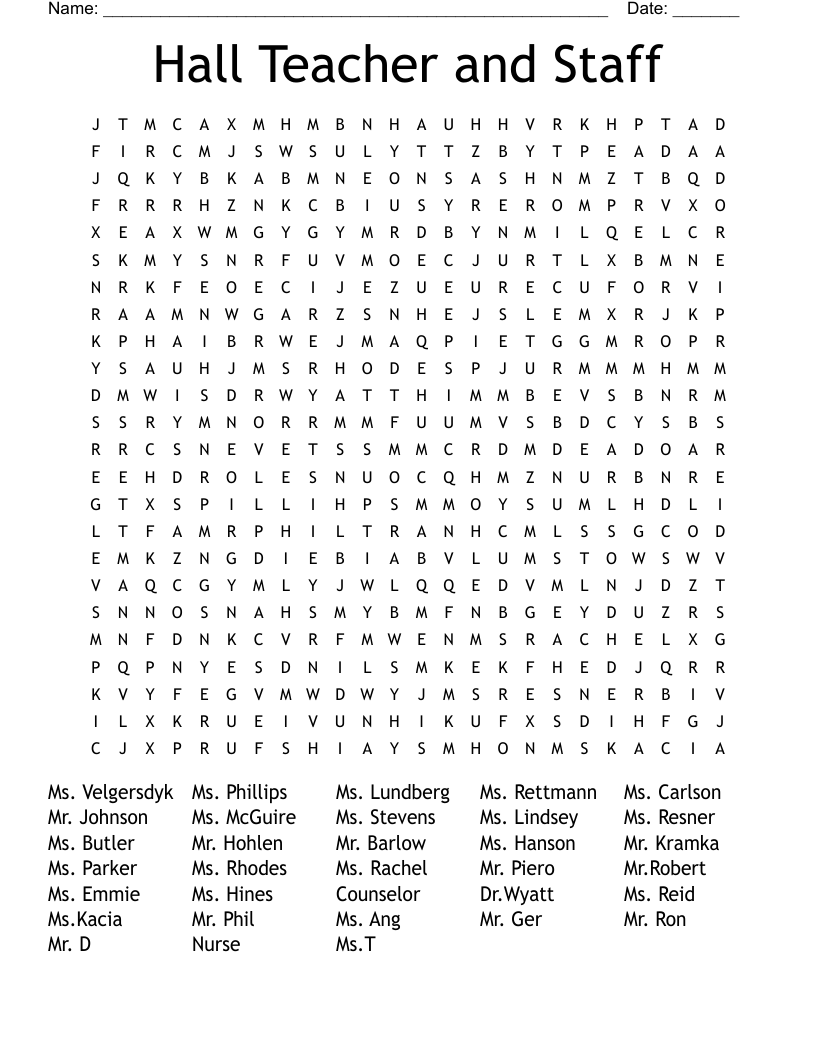 Hall Teacher and Staff Word Search