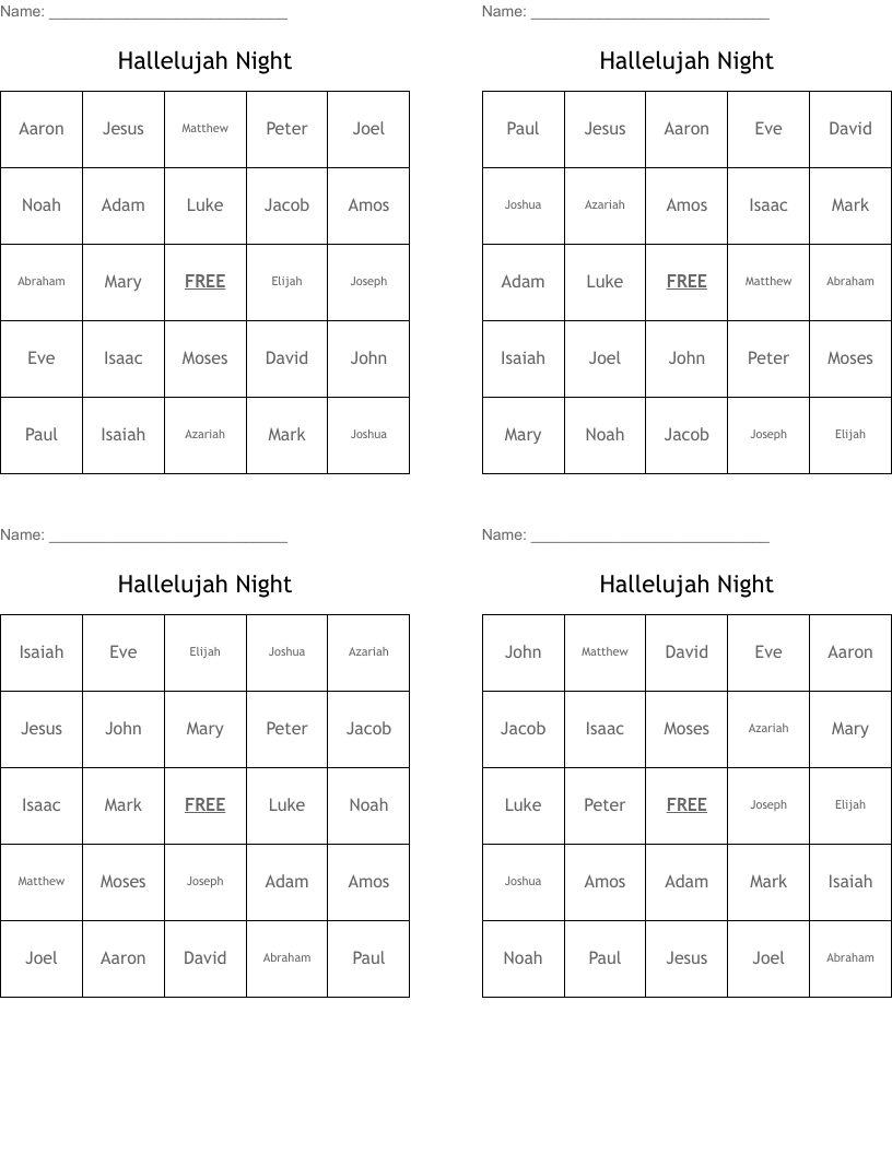 Hallelujah Night  Bingo Cards