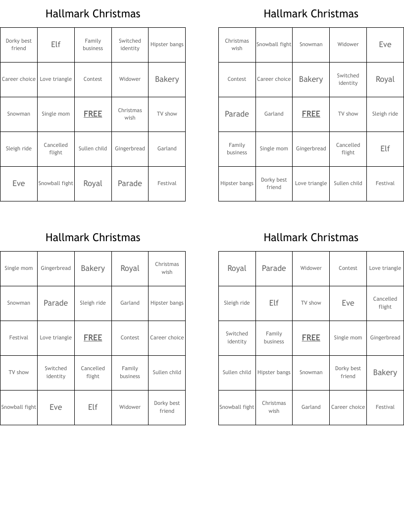 Hallmark Christmas Bingo Cards
