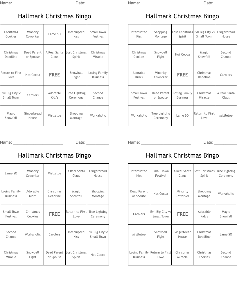 Hallmark Christmas Bingo